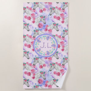 Monogrammed  Unicorns and Roses Beach Towel