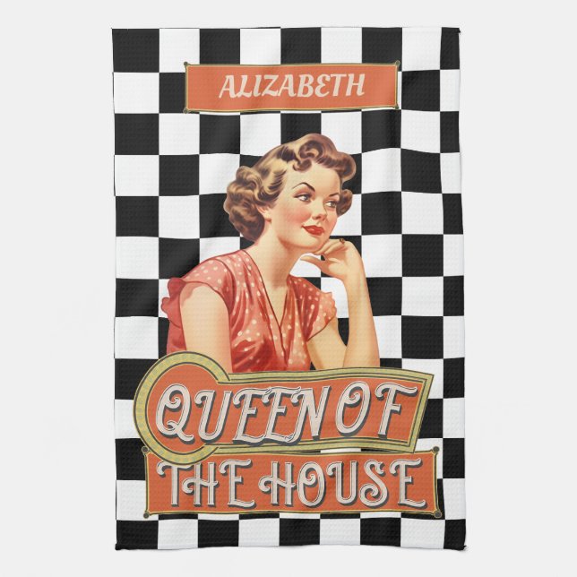 Monogrammed unique retro art Chequered Tea Towel (Vertical)