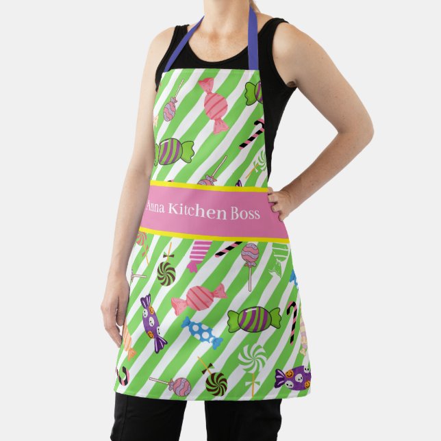 Monogrammed vibrant candy pattern Green Pink Apron (Insitu)