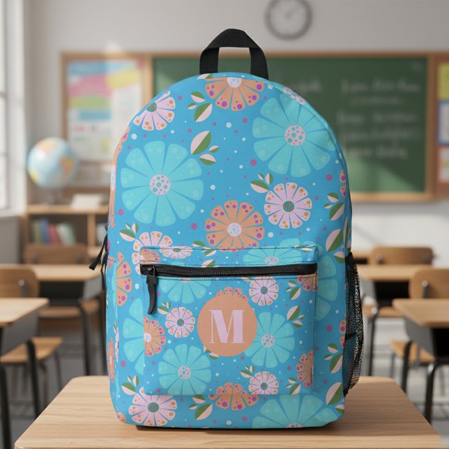 Monogrammed Vibrant Folk Art Floral Pattern Printed Backpack (Creator Uploaded)