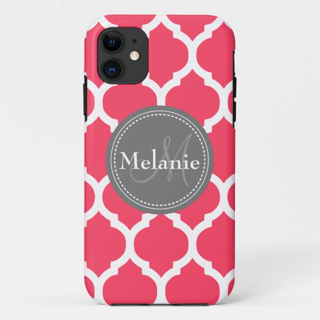 Monogrammed Vibrant Pink & Grey Quatrefoil Case-Mate iPhone Case (Back)