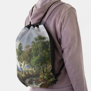  Monogrammed Vintage Art Landscape Nature Painting Drawstring Bag