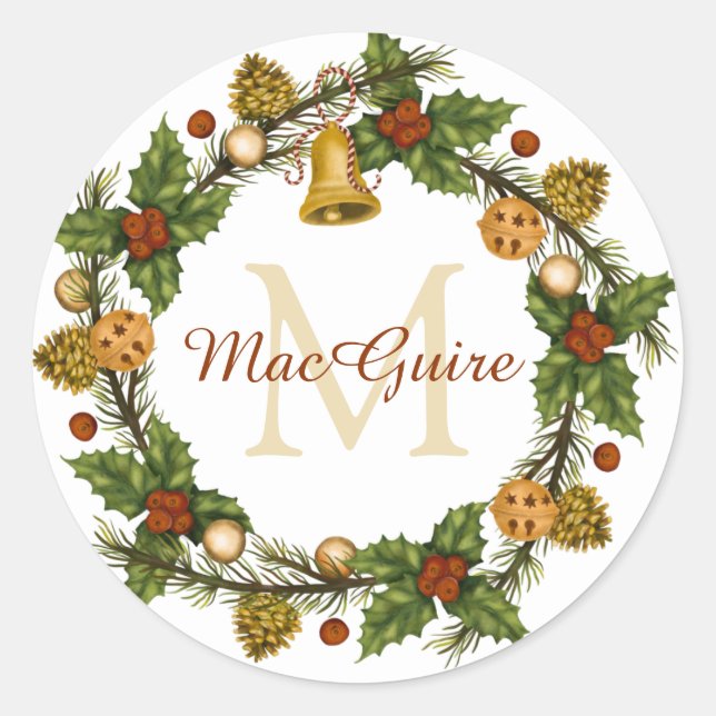 Monogrammed Vintage Elegant Christmas Wreath Classic Round Sticker (Front)