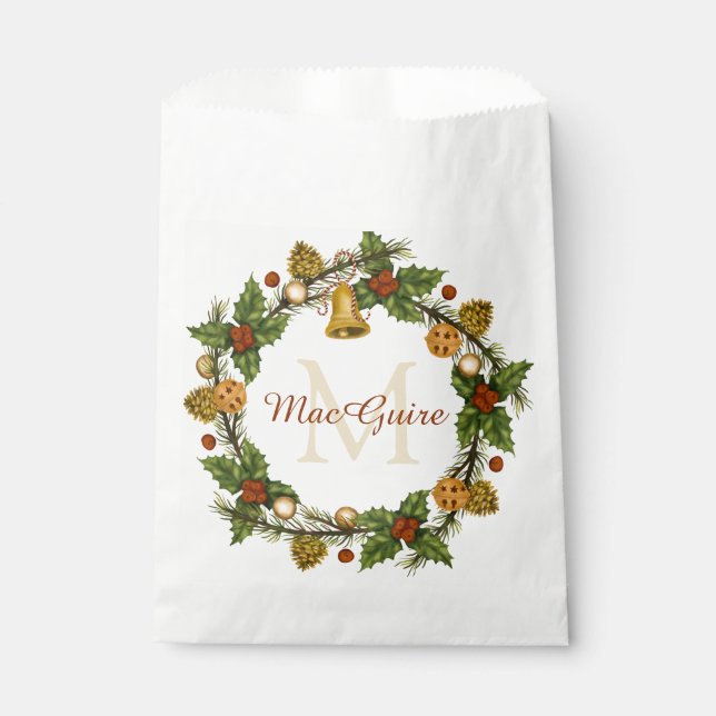 Monogrammed Vintage Elegant Christmas Wreath Favour Bag (Front)