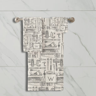 Monogrammed Vintage Hand Tools Pattern Carpenter Bath Towel Set