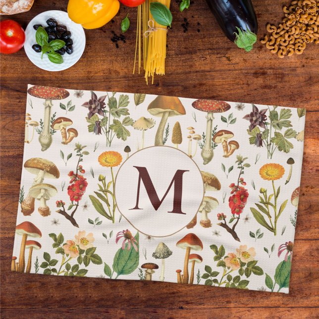 Monogrammed Vintage Mushroom Wildflower Pattern Tea Towel (In situ Kitchen table)
