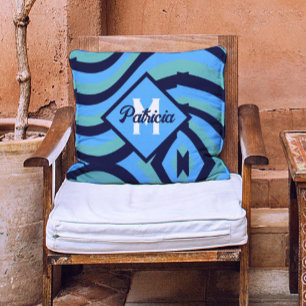 Monogrammed vintage Navy Blue & Teal psychedelic Cushion