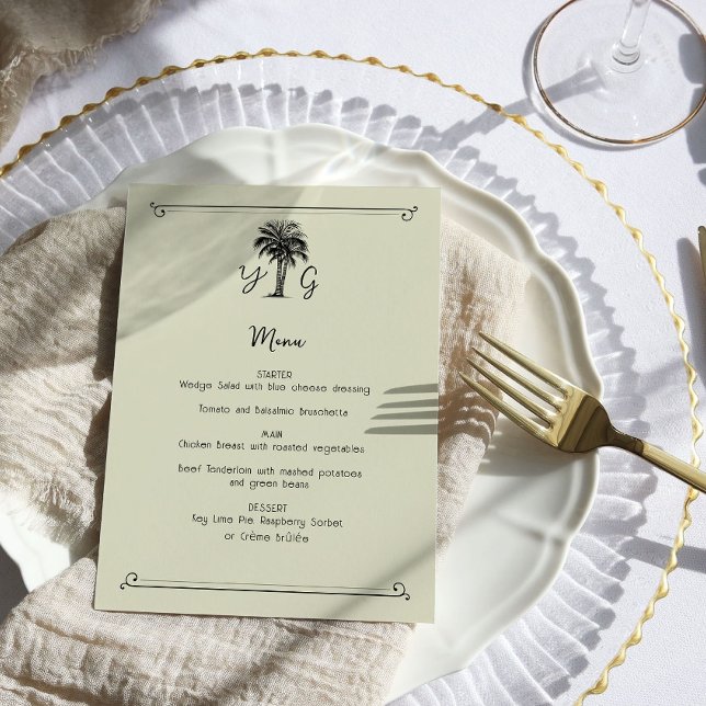 Monogrammed Vintage Palm Tree Wedding Menu (5x7 Wedding Menu - from my Vintage Palm Wedding Collection)