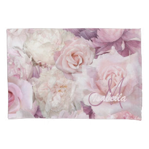 Monogrammed Vintage Pink Botanical Garden Painting Pillowcase