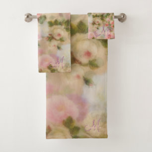 Monogrammed Vintage Pink Roses Watercolor Bath Towel Set