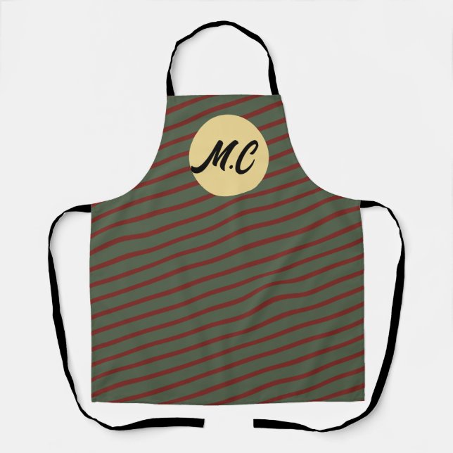 monogrammed Vintage Red & green Stripe pattern Apron (Front)