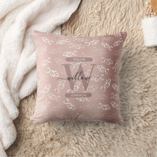 Monogrammed Vintage Rose Gold Damask Pattern Cushion