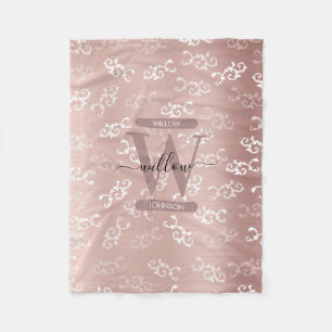 Monogrammed Vintage Rose Gold Damask Pattern  Fleece Blanket