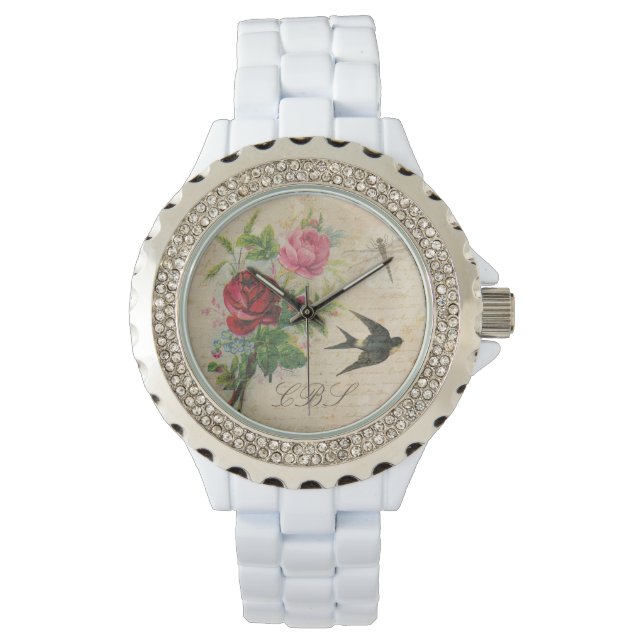 Monogrammed Vintage Roses Swallow Bird Dragonfly Watch (Front)
