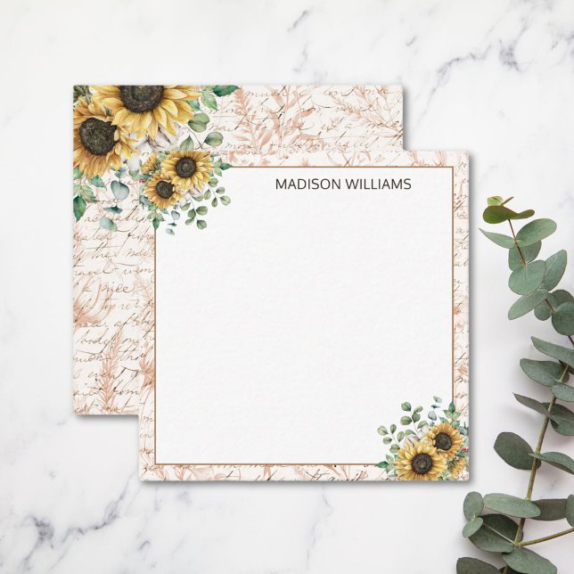 Monogrammed Vintage Rustic Sunflower Calligraphy Card (In situ on table)