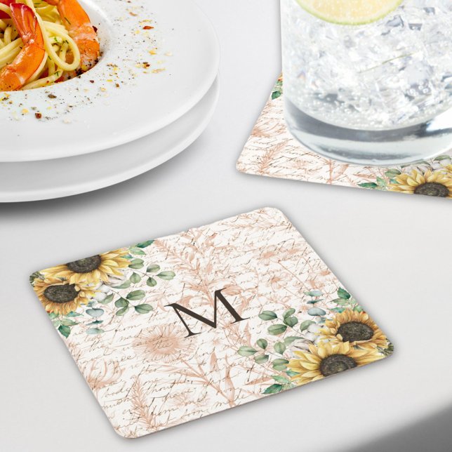 Monogrammed Vintage Rustic Sunflower Calligraphy Coaster (In situ on dining table)