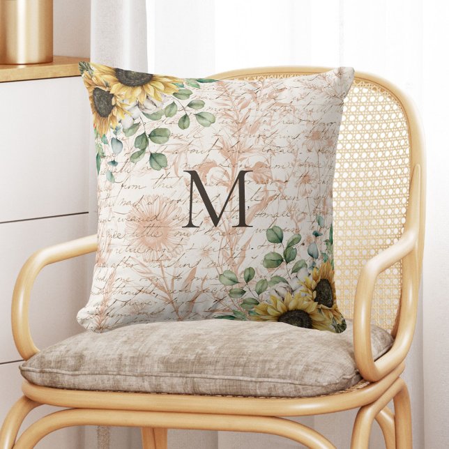 Monogrammed Vintage Rustic Sunflower Calligraphy Cushion (In situ on chair)