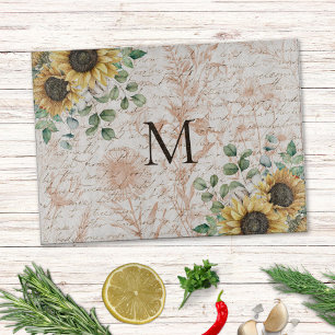 Monogrammed Vintage Rustic Sunflower Calligraphy Cutting Board