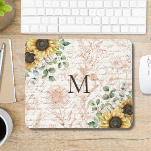 Monogrammed Vintage Rustic Sunflower Calligraphy Mouse Pad