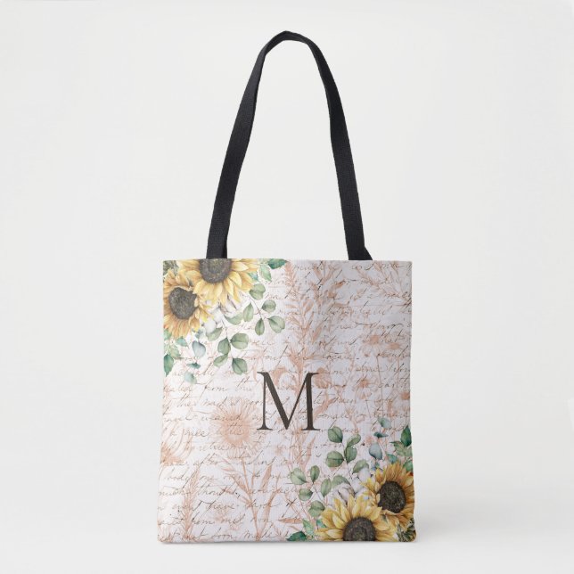 Monogrammed Vintage Rustic Sunflower Calligraphy Tote Bag (Front)