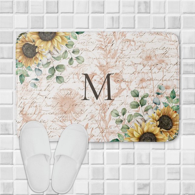 Monogrammed Vintage Rustic Sunflower Decoupage Bath Mat (In situ on bathroom floor)