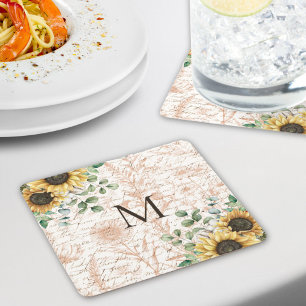 Monogrammed Vintage Rustic Sunflower Decoupage Coaster