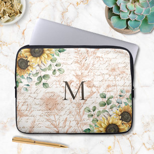 Monogrammed Vintage Rustic Sunflower Decoupage Laptop Sleeve
