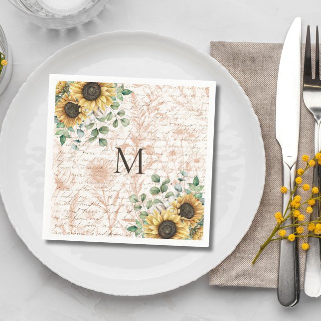 Monogrammed Vintage Rustic Sunflower Decoupage Napkin (In situ table setting)