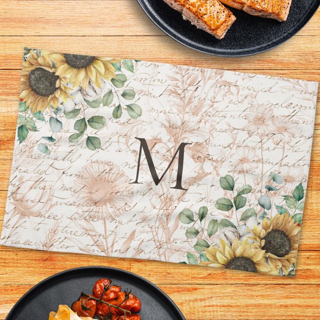 Monogrammed Vintage Rustic Sunflower Decoupage Tea Towel (In situ on kitchen table)