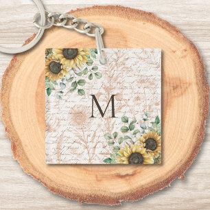 Monogrammed Vintage Rustic Sunflower Key Ring