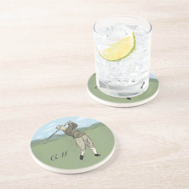 Monogrammed Vintage Style golf art Coaster (Side)