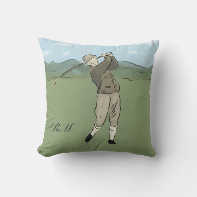 Monogrammed Vintage Style golf art Cushion (Front)