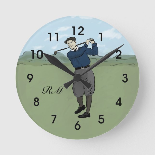 Monogrammed Vintage Style golf art Round Clock (Front)