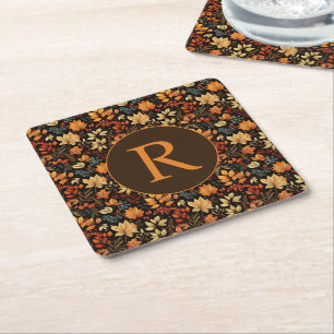 Monogrammed Vintage Themed Autumn Foliage Pattern Square Paper Coaster