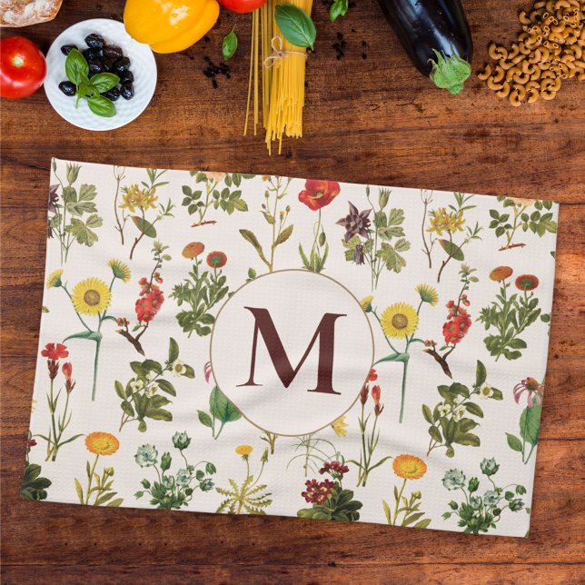 Monogrammed Vintage Wildflower Pattern Tea Towel (In situ Kitchen table)