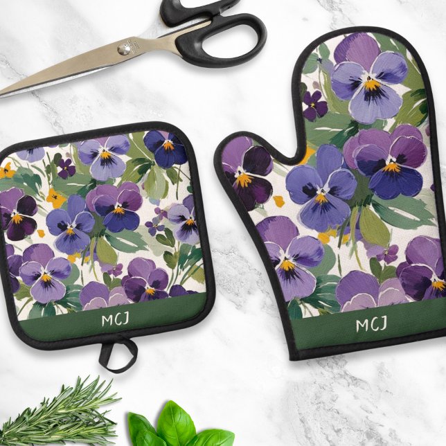 Monogrammed Violet Flowers Pretty Floral Patterned Oven Mitt & Pot Holder Set (A monogrammed pot holder and matching single oven glove, with elegant violets floral design)