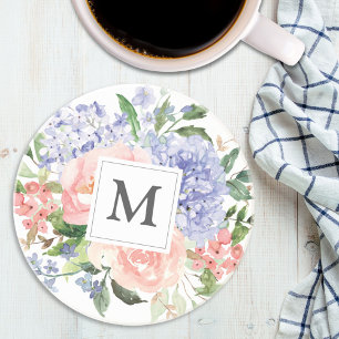 Monogrammed Watercolor Blue Pink Spring Floral Coaster