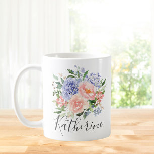 Monogrammed Watercolor Blue Pink Spring Floral Coffee Mug