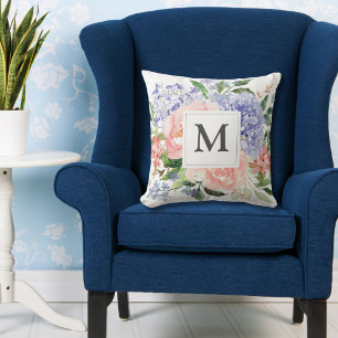 Monogrammed Watercolor Blue Pink Spring Floral Cushion