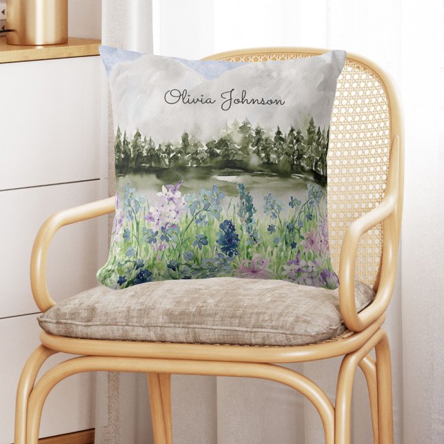 Monogrammed Watercolor Blue Purple Flower Meadow Cushion (In situ on chair)