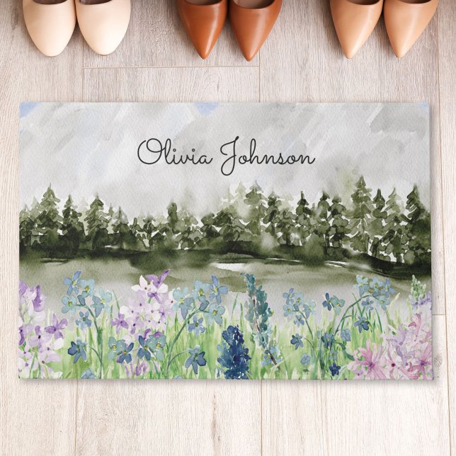 Monogrammed Watercolor Blue Purple Flower Meadow Doormat (In situ wood floor)