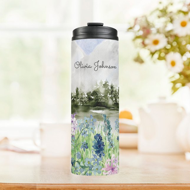 Monogrammed Watercolor Blue Purple Flower Meadow Thermal Tumbler (In situ kitchen table)