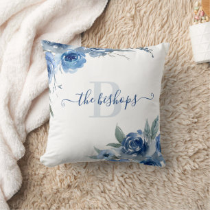 Monogrammed Watercolor Blue Rose Pillow