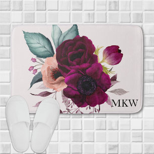 Monogrammed Watercolor Boho Purple Flower Floral Bath Mat