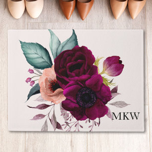 Monogrammed Watercolor Boho Purple Flower Floral Doormat