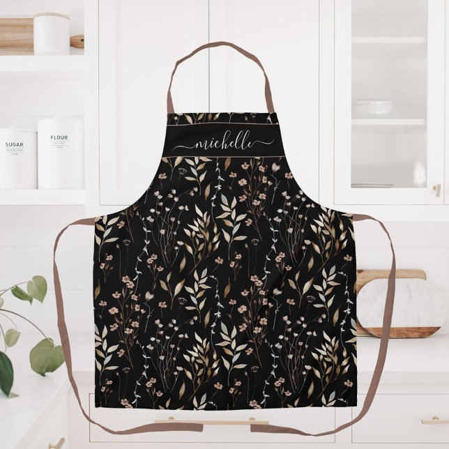 Monogrammed Watercolor Brown Wildflowers Leaves Apron (In situ)