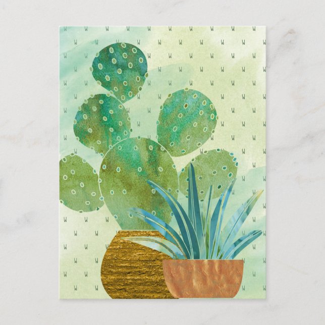 Monogrammed Watercolor Cactus Everyday Postcard (Front)