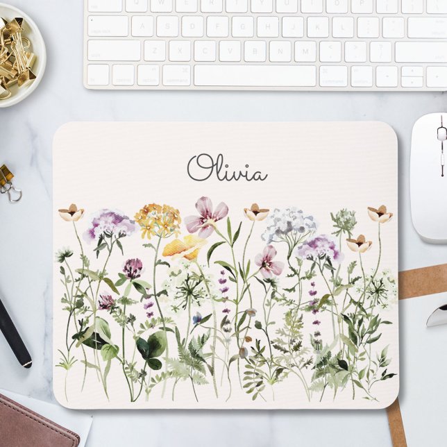 Monogrammed Watercolor Colourful Wildflower Garden Mouse Pad (In situ)
