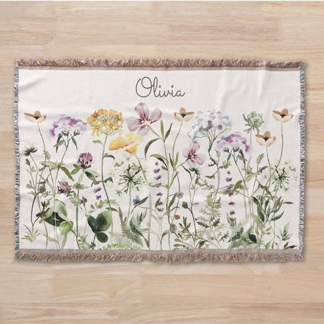 Monogrammed Watercolor Colourful Wildflower Garden Throw Blanket (In situ)