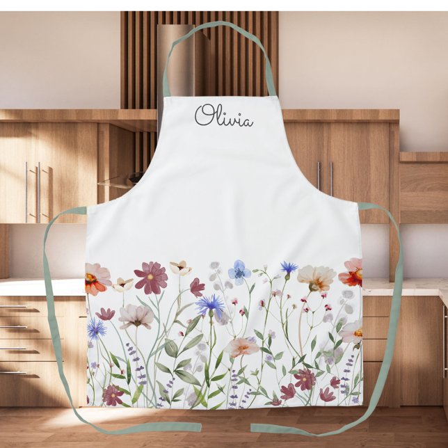 Monogrammed Watercolor Colourful Wildflower Meadow Apron (In situ)